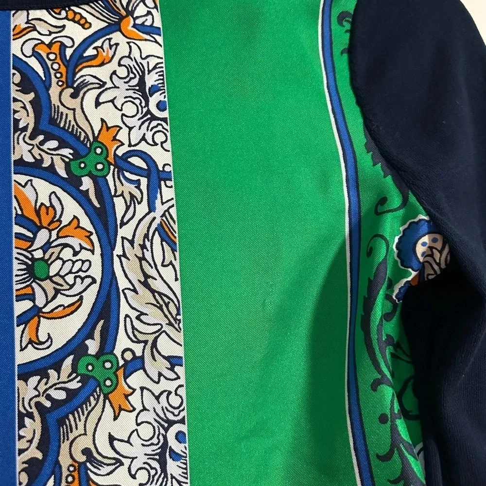 Tory Burch Silk print front patch navy light sweater